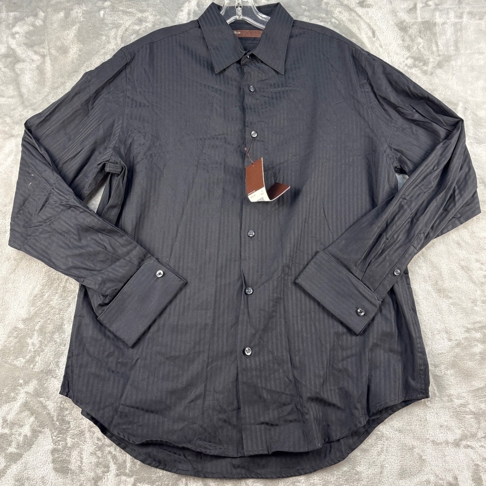 Perry Ellis Mens Black Tonal Stripe Long Sleeve Button Down Shirt‎ L